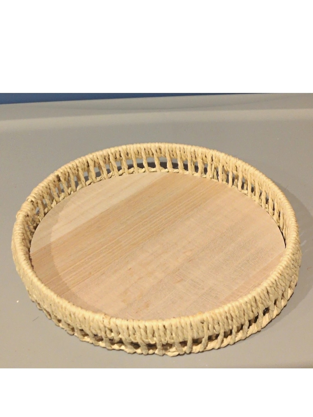 Perfect Harvest Wood & Rattan Round Serving Tray 10.6 in Beige Matte
